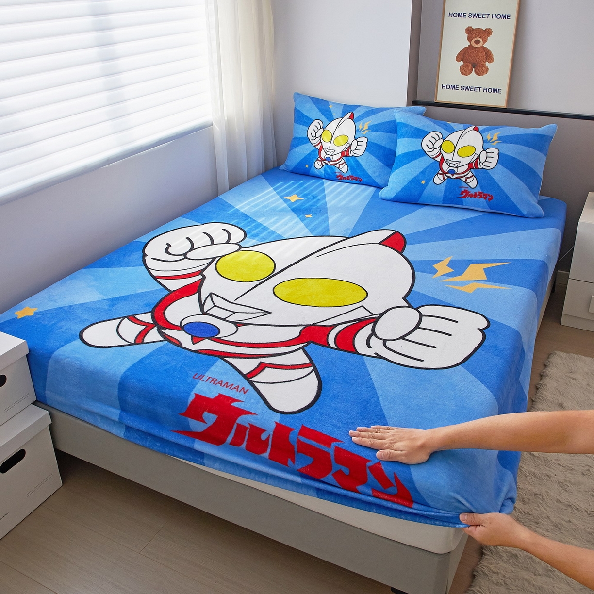 91家纺网 家纺一手货源 找家纺 蘭菲家纺 2025新款牛奶绒奥特曼系列单品床笠 正义之侠