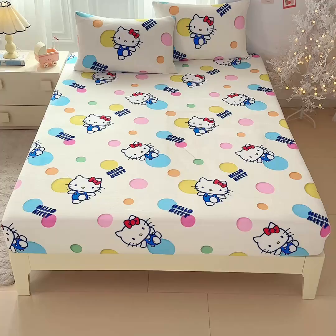 91家纺网 家纺一手货源 找家纺 蘭菲家纺 2025新款三丽欧牛奶绒套件系列单品床笠 波点KT