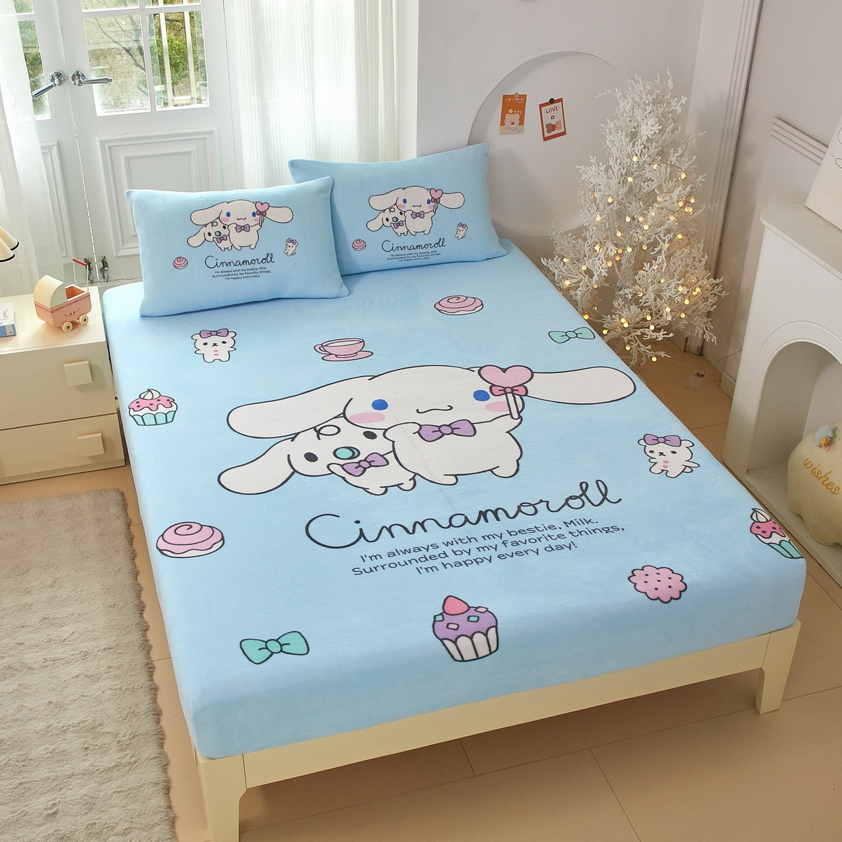 91家纺网 家纺一手货源 找家纺 蘭菲家纺 2025新款三丽欧牛奶绒套件系列单品床笠 逛街狗