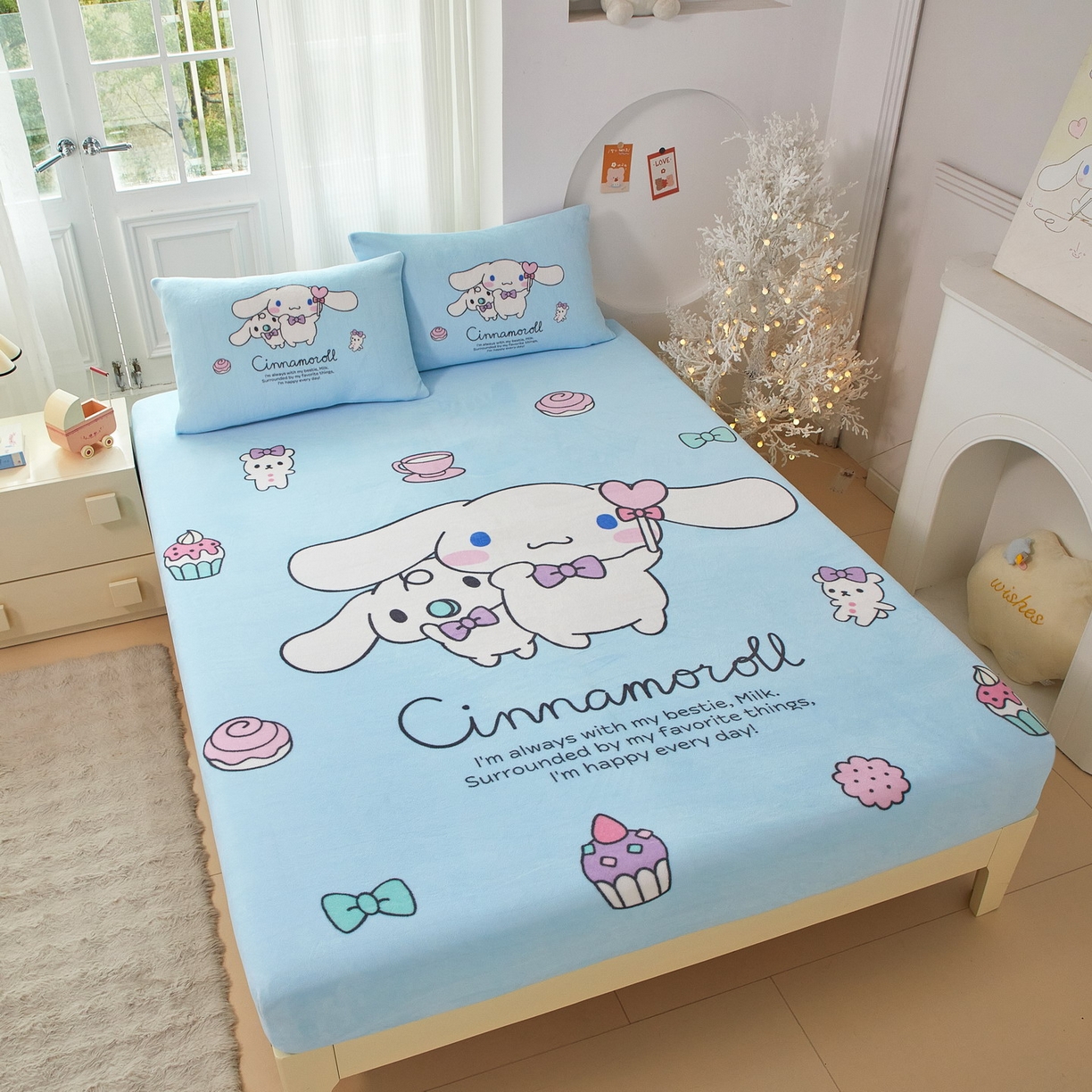 91家纺网 家纺一手货源 找家纺 蘭菲家纺 2025新款三丽欧牛奶绒套件系列单品床笠 逛街狗