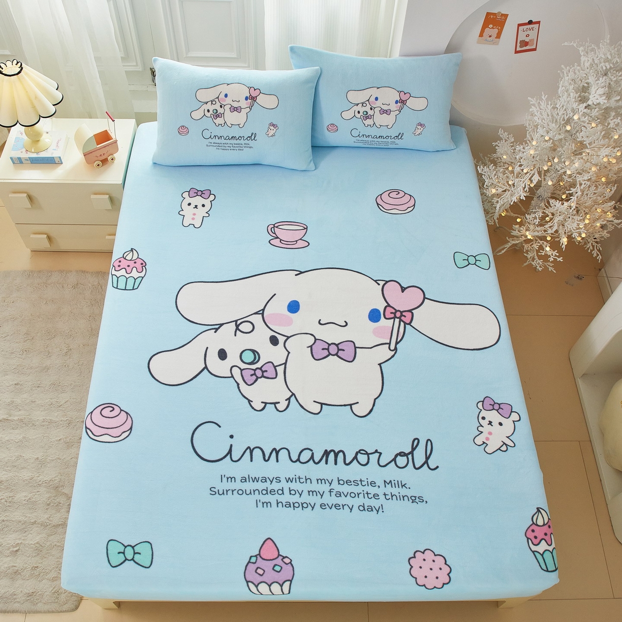 91家纺网 家纺一手货源 找家纺 蘭菲家纺 2025新款三丽欧牛奶绒套件系列单品床笠 逛街狗