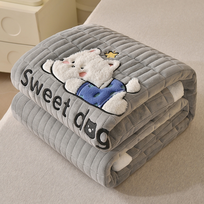 91家纺网 家纺一手货源 找家纺 悠米悠家 2025新款牛奶绒夹棉加厚床褥-小狗 小熊系列 小狗-灰色