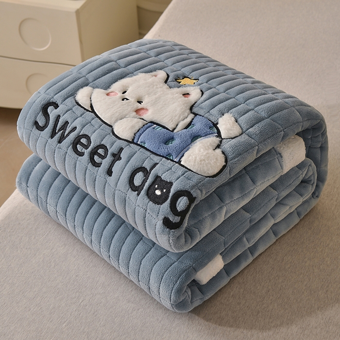 91家纺网 家纺一手货源 找家纺 悠米悠家 2025新款牛奶绒夹棉加厚床褥-小狗 小熊系列 小狗-蓝色