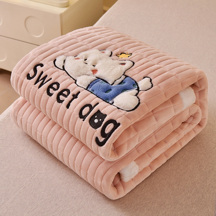 91家纺网 家纺一手货源 找家纺 悠米悠家 2025新款牛奶绒夹棉加厚床褥-小狗 小熊系列 小狗-粉色