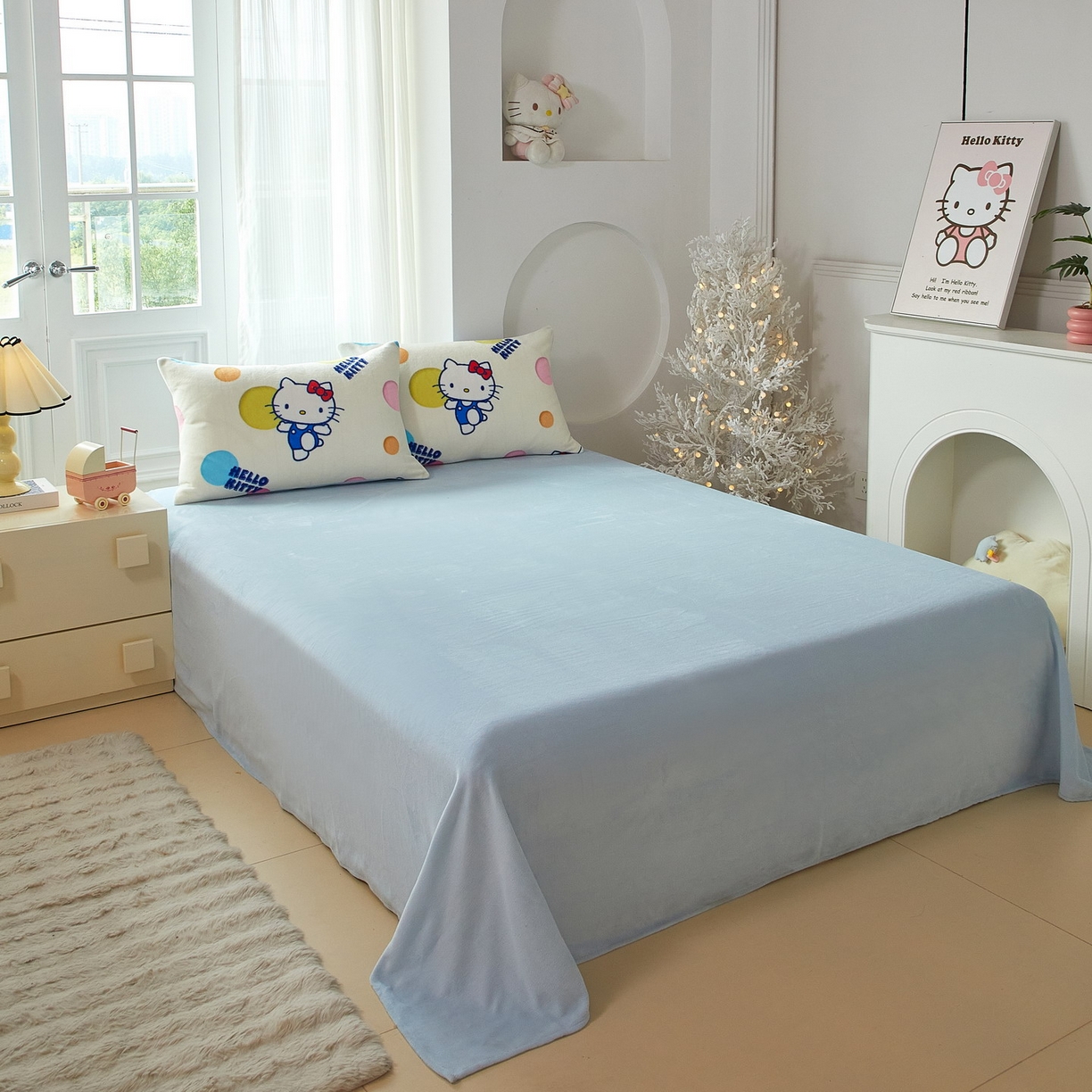 91家纺网 家纺一手货源 找家纺 蘭菲家纺 2025新款三丽欧牛奶绒套件系列四件套 波点KT