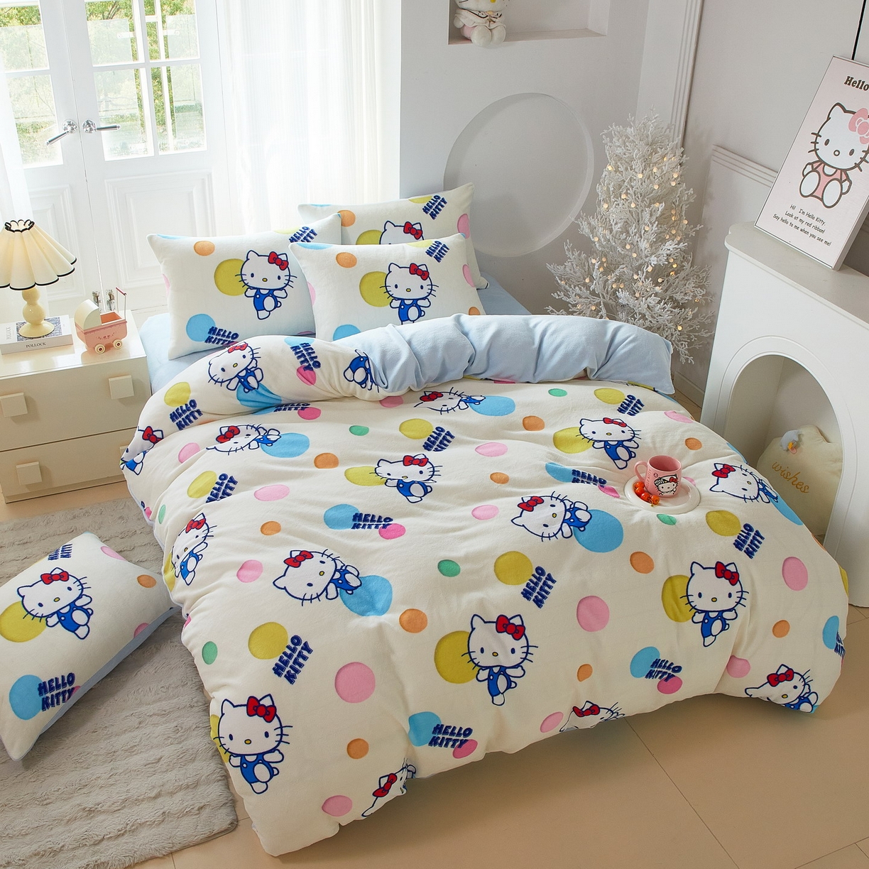 91家纺网 家纺一手货源 找家纺 蘭菲家纺 2025新款三丽欧牛奶绒套件系列四件套 波点KT