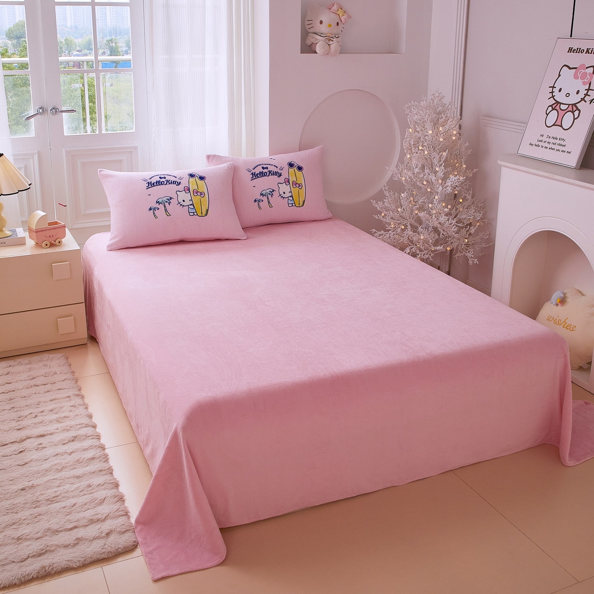 91家纺网 家纺一手货源 找家纺 蘭菲家纺 2025新款三丽欧牛奶绒套件系列四件套 夏日快乐