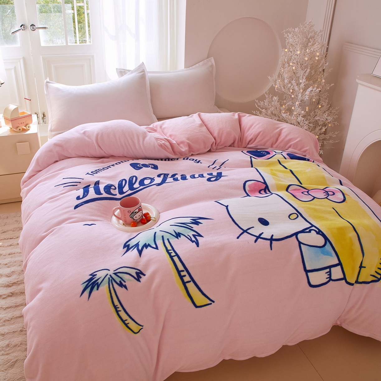 91家纺网 家纺一手货源 找家纺 蘭菲家纺 2025新款三丽欧牛奶绒套件系列单品被套 夏日快乐