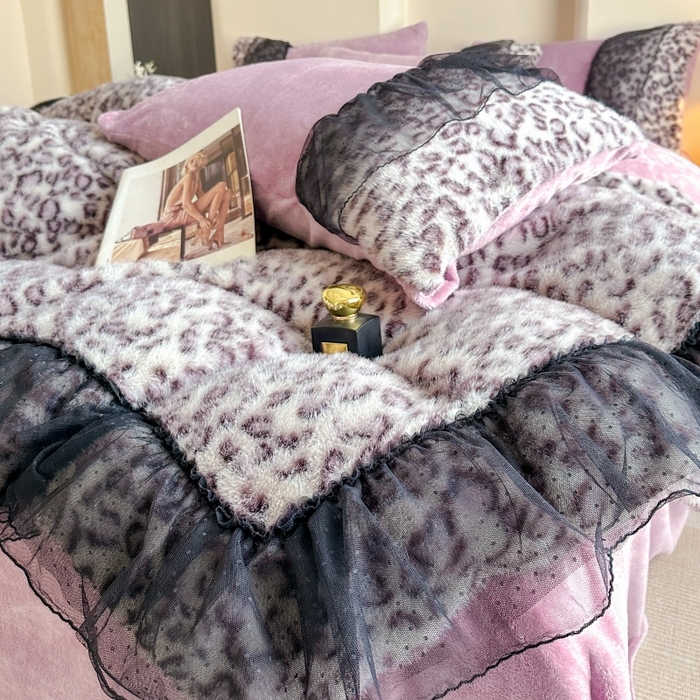 大米家居 2025新款十斤重高低毛豹纹韩版蕾丝仿水貂绒四件套-豹纹系列 豹纹-炫紫