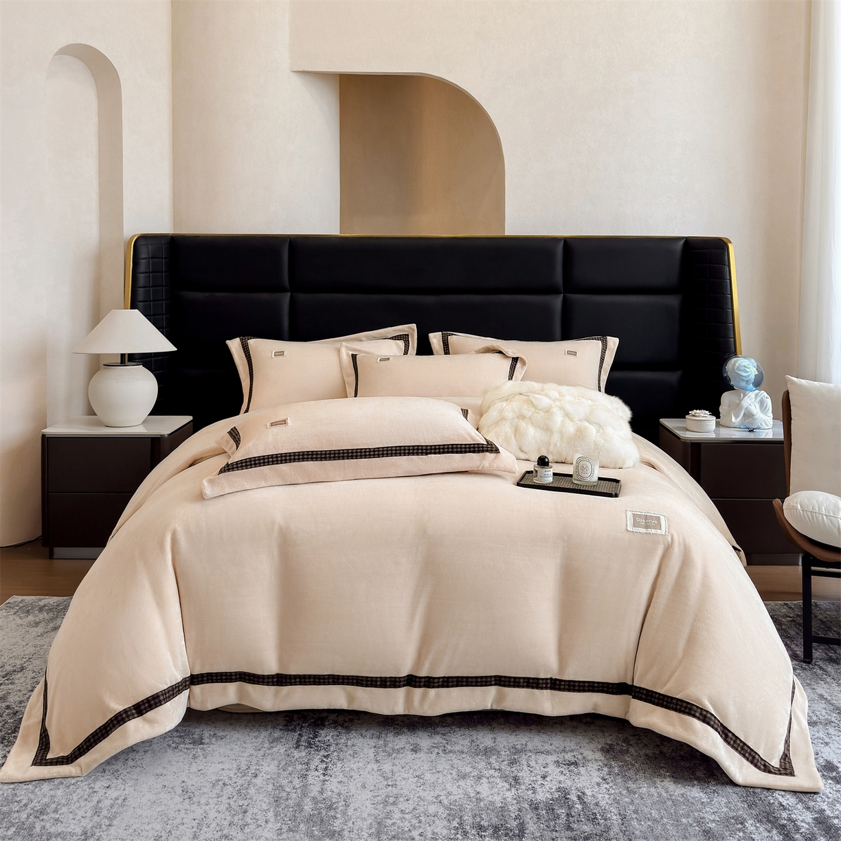 91家纺网 家纺一手货源 找家纺 （总）大米家居 2025新款牛奶绒织带轻奢工艺款四件套-卡夫系列