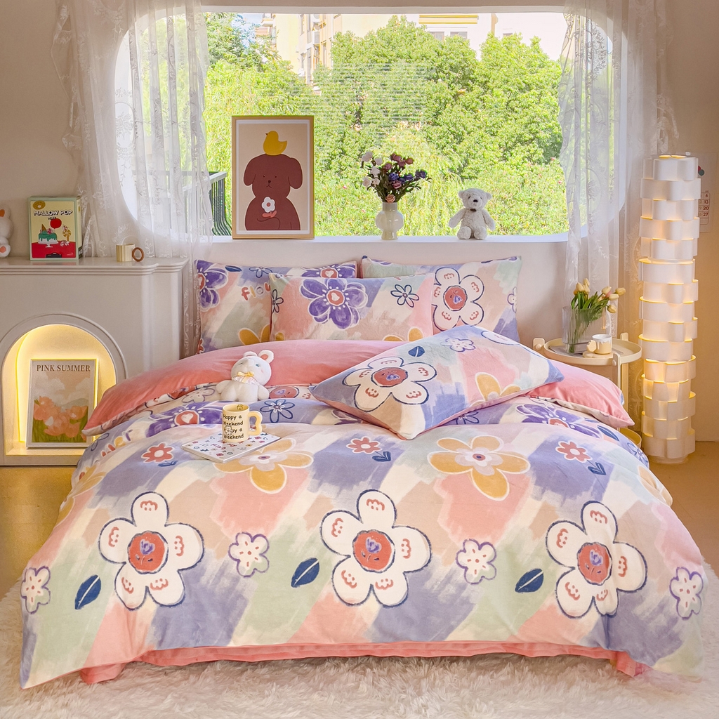 91家纺网 家纺一手货源 找家纺 （总）晚安 2024新款小清新印花牛奶绒大版花牛奶绒四件套 