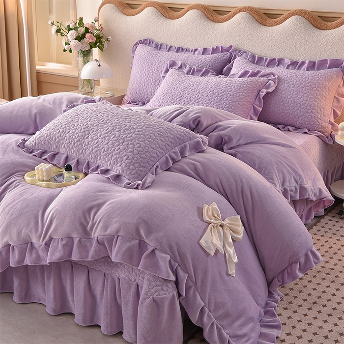 91家纺网 家纺一手货源 找家纺 （总）静缘分 2025新款简约纯色系牛奶绒花边四件套