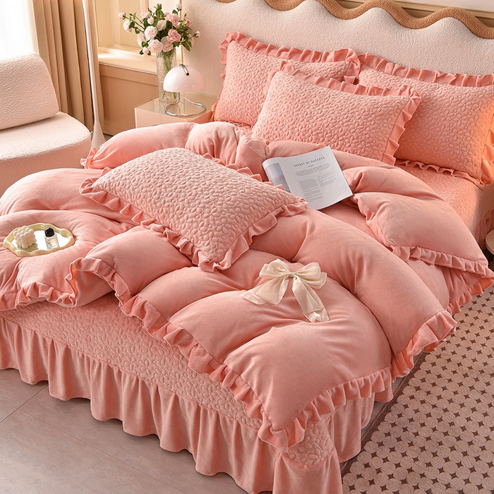 91家纺网 家纺一手货源 找家纺 （总）静缘分 2025新款简约纯色系牛奶绒花边四件套