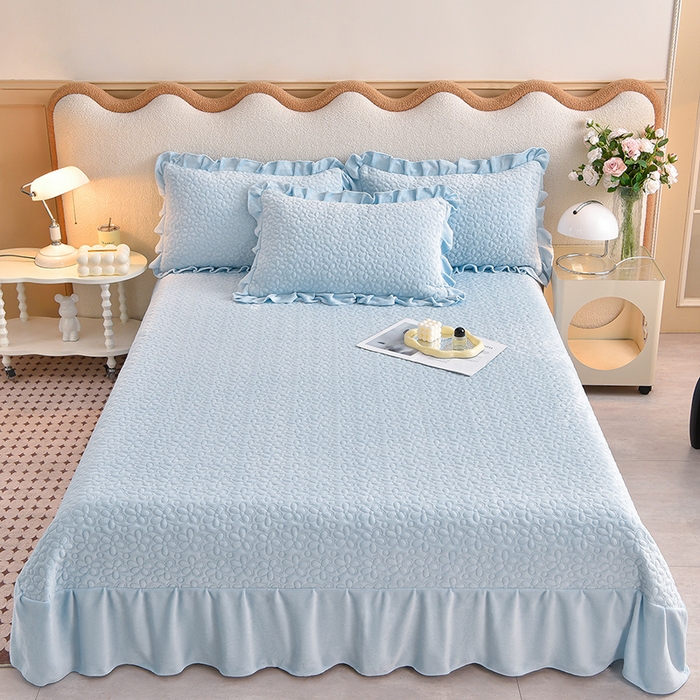 91家纺网 家纺一手货源 找家纺 静缘分 2025新款简约纯色系牛奶绒花边四件套 天蓝