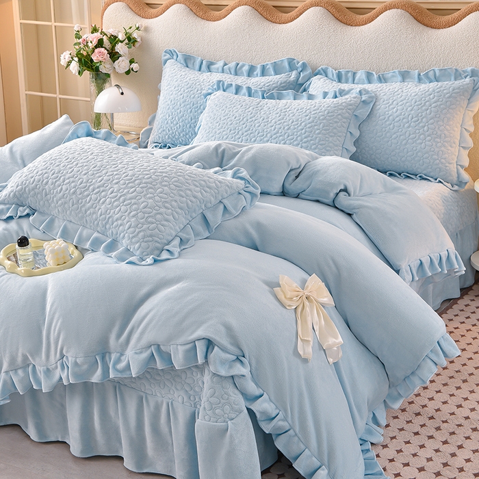 静缘分 2025新款简约纯色系牛奶绒花边四件套 天蓝