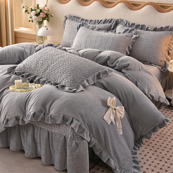 静缘分 2025新款简约纯色系牛奶绒花边四件套 雅灰