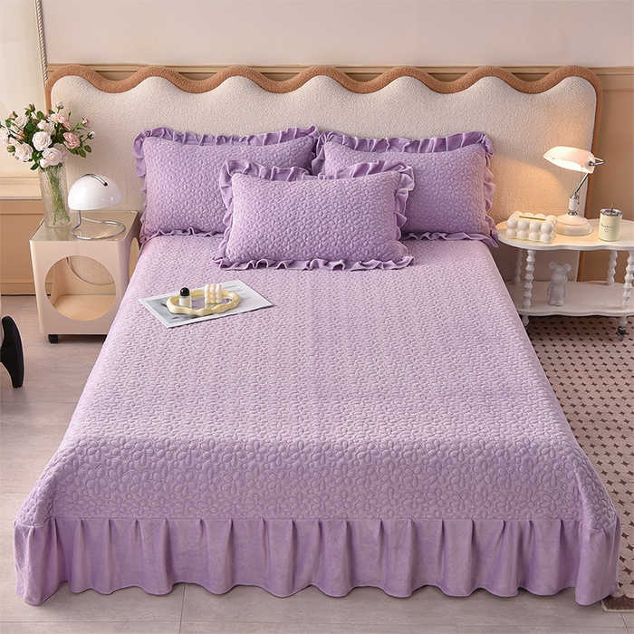 91家纺网 家纺一手货源 找家纺 静缘分 2025新款简约纯色系牛奶绒花边四件套 紫色