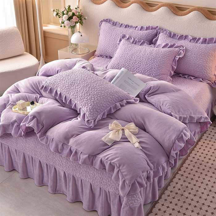 91家纺网 家纺一手货源 找家纺 静缘分 2025新款简约纯色系牛奶绒花边四件套 紫色