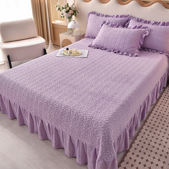 91家纺网 家纺一手货源 找家纺 静缘分 2025新款简约纯色系牛奶绒花边四件套 紫色