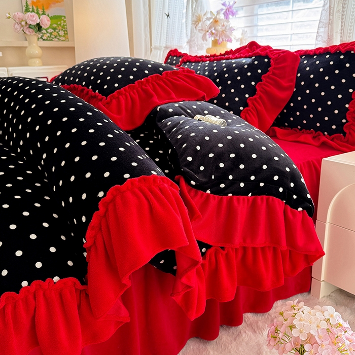 韩约家纺 2025新款法式大花边印花牛奶绒床裙（床单）四件套 黑波点（床裙款）