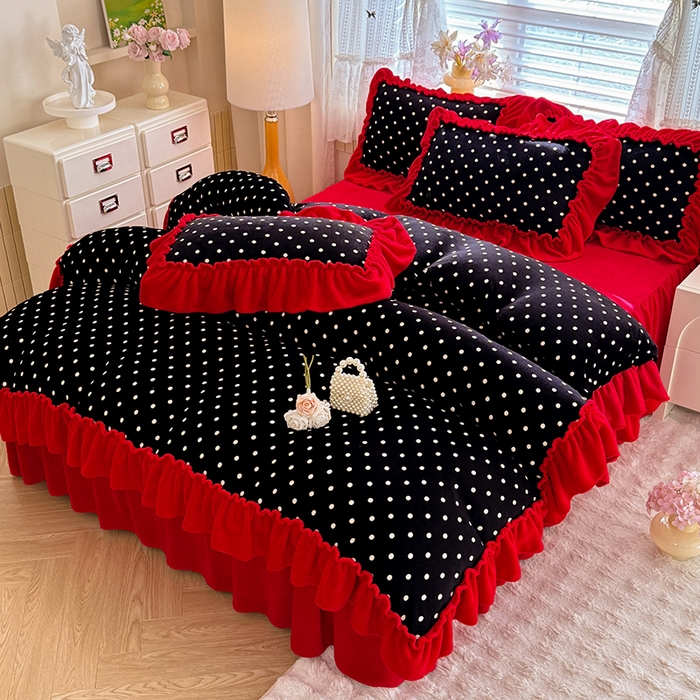 91家纺网 家纺一手货源 找家纺 （总）韩约家纺 2025新款法式大花边印花牛奶绒床裙（床单）四件套