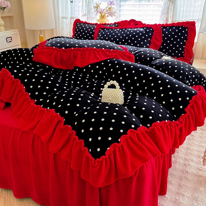 91家纺网 家纺一手货源 找家纺 （总）韩约家纺 2025新款法式大花边印花牛奶绒床裙（床单）四件套