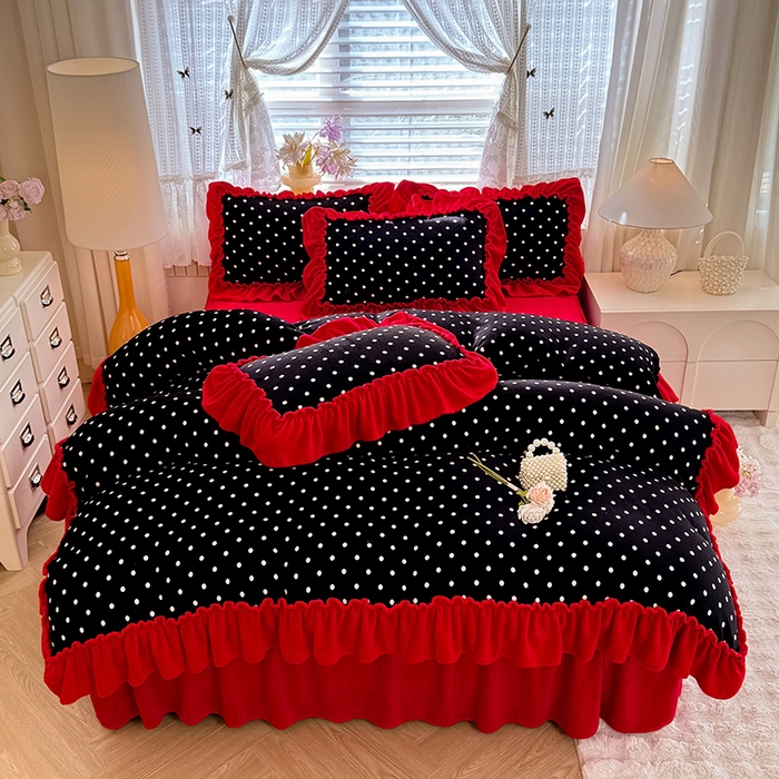 91家纺网 家纺一手货源 找家纺 （总）韩约家纺 2025新款法式大花边印花牛奶绒床裙（床单）四件套