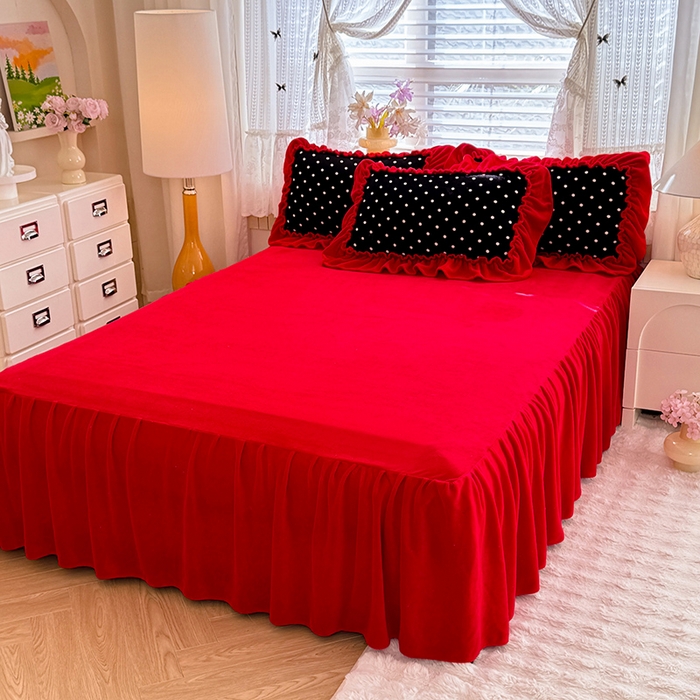 91家纺网 家纺一手货源 找家纺 （总）韩约家纺 2025新款法式大花边印花牛奶绒床裙（床单）四件套