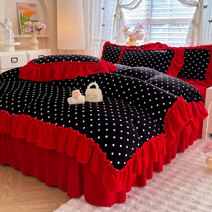 91家纺网 家纺一手货源 找家纺 （总）韩约家纺 2025新款法式大花边印花牛奶绒床裙（床单）四件套