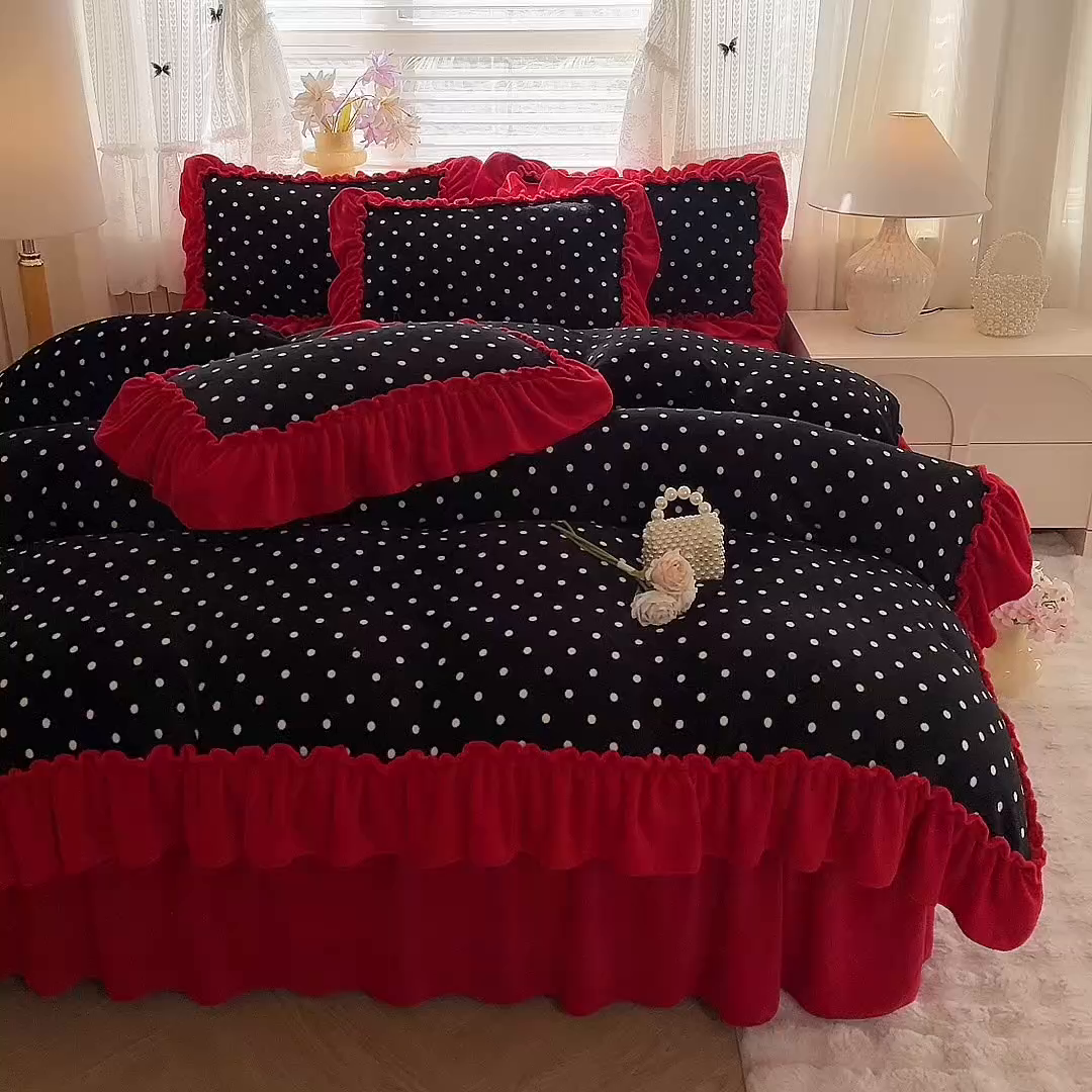 91家纺网 家纺一手货源 找家纺 （总）韩约家纺 2025新款法式大花边印花牛奶绒床裙（床单）四件套