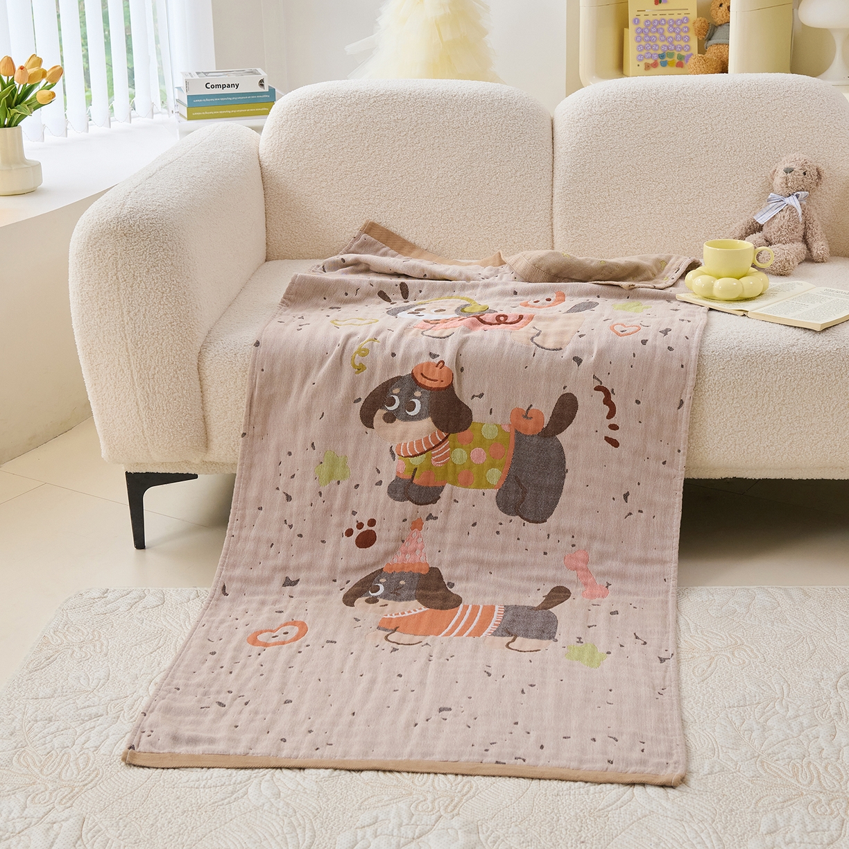 91家纺网 家纺一手货源 找家纺 棠薇家纺 2025新款全棉纱布浴巾纯棉浴巾时尚卡通色织提花四季加大浴巾擦身巾 淘气狗 160*75cm