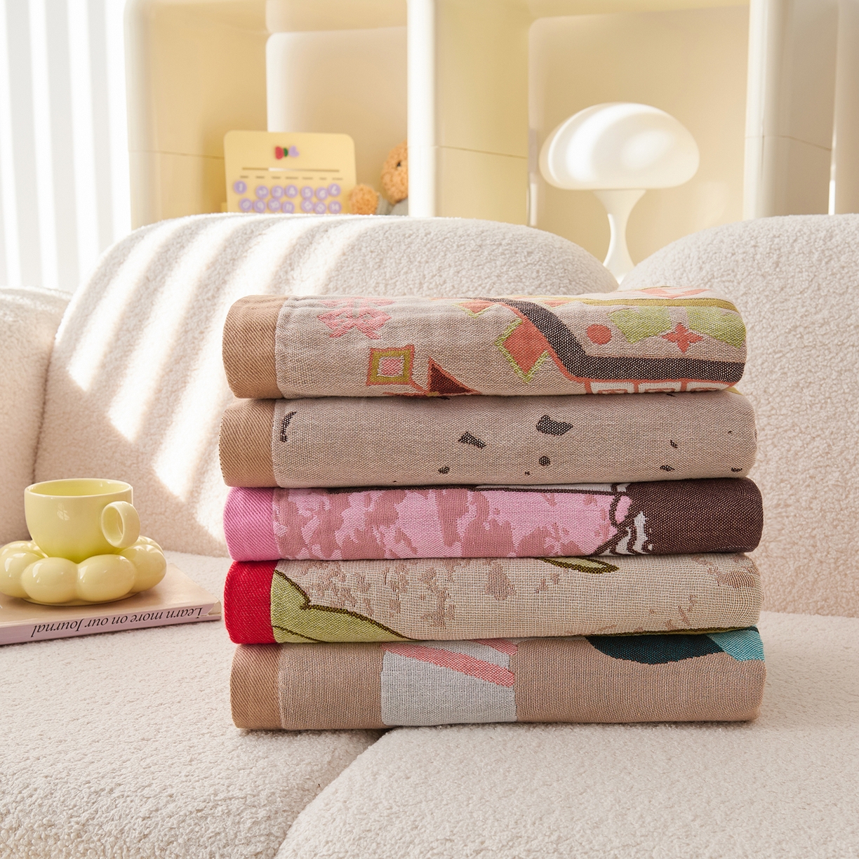 91家纺网 家纺一手货源 找家纺 棠薇家纺 2025新款全棉纱布浴巾纯棉浴巾时尚卡通色织提花四季加大浴巾擦身巾 和风 160*75cm