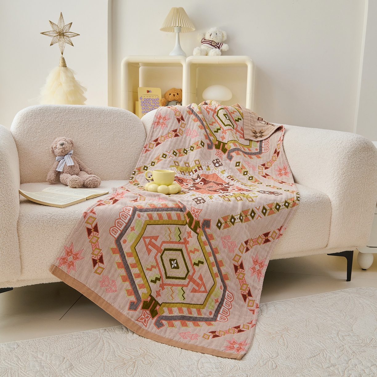 91家纺网 家纺一手货源 找家纺 棠薇家纺 2025新款全棉纱布浴巾纯棉浴巾时尚卡通色织提花四季加大浴巾擦身巾 和风 160*75cm