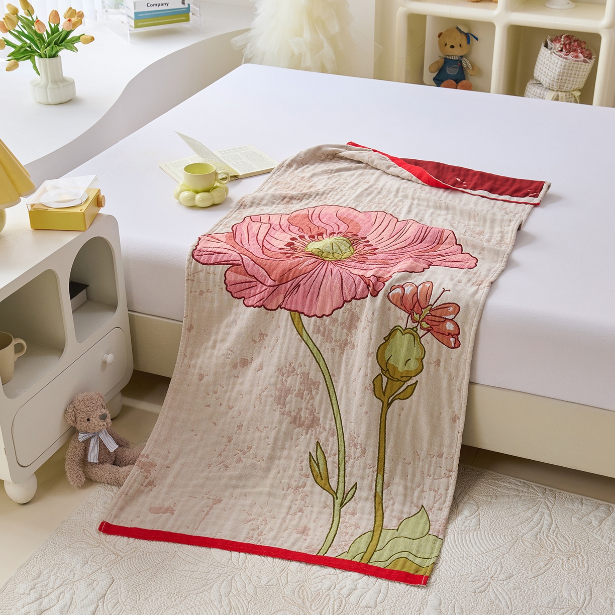 91家纺网 家纺一手货源 找家纺 棠薇家纺 2025新款全棉纱布浴巾纯棉浴巾时尚卡通色织提花四季加大浴巾擦身巾 浪漫花语 160*75cm