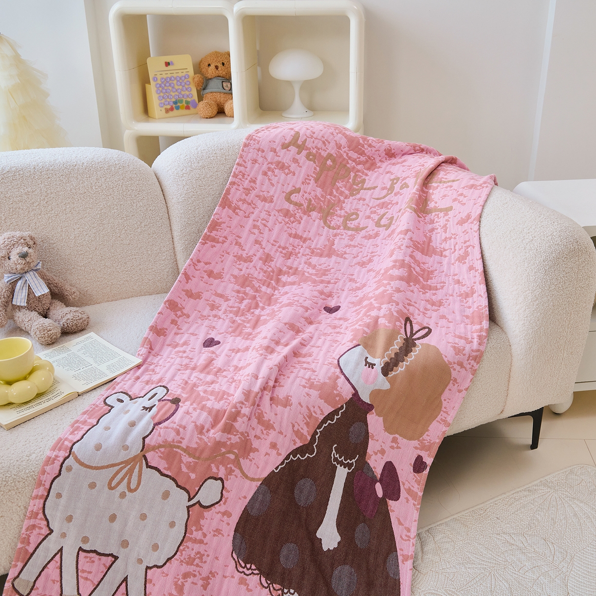 91家纺网 家纺一手货源 找家纺 棠薇家纺 2025新款全棉纱布浴巾纯棉浴巾时尚卡通色织提花四季加大浴巾擦身巾 羊驼女孩 160*75cm