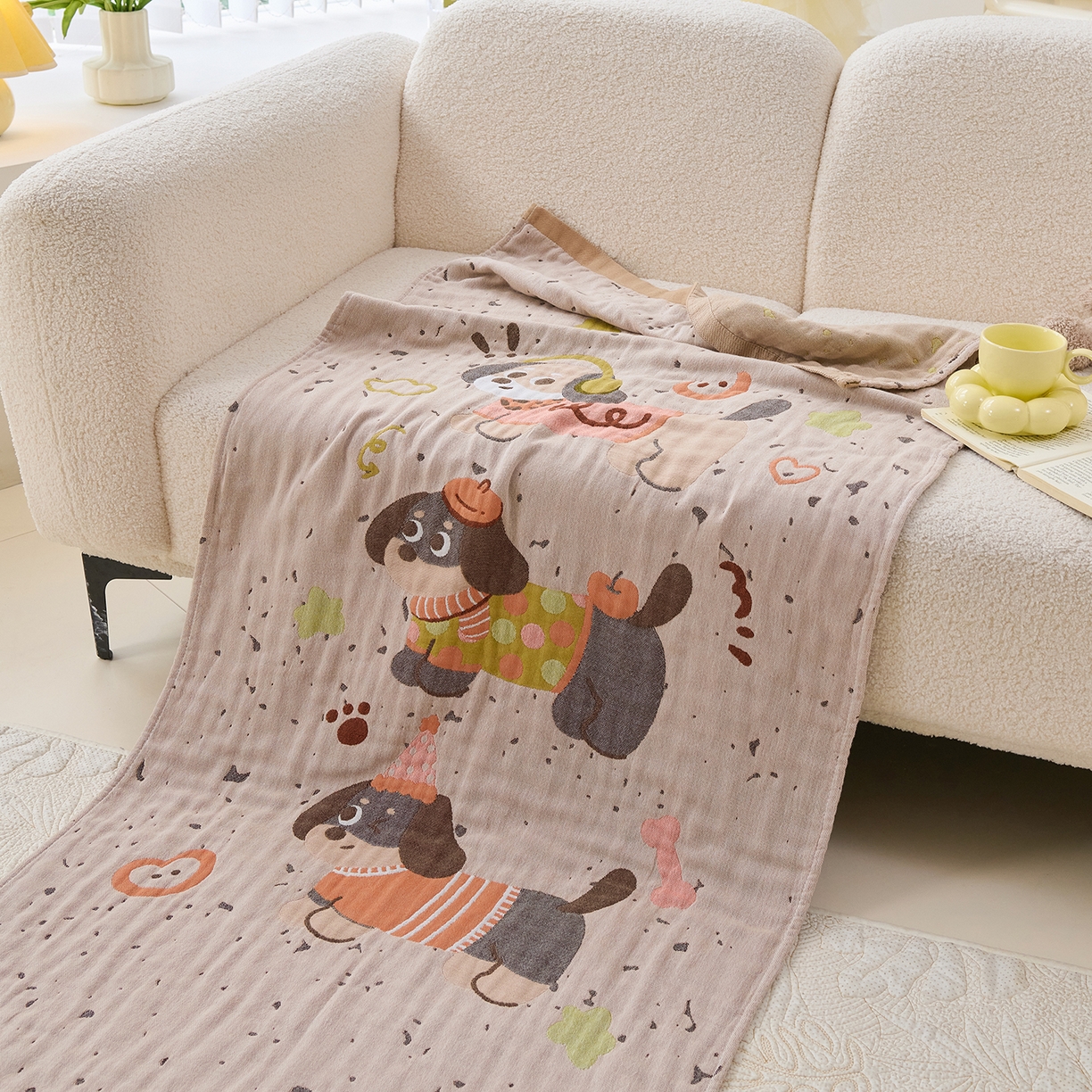 91家纺网 家纺一手货源 找家纺 棠薇家纺 2025新款全棉纱布浴巾纯棉浴巾时尚卡通色织提花四季加大浴巾擦身巾 淘气狗 160*75cm