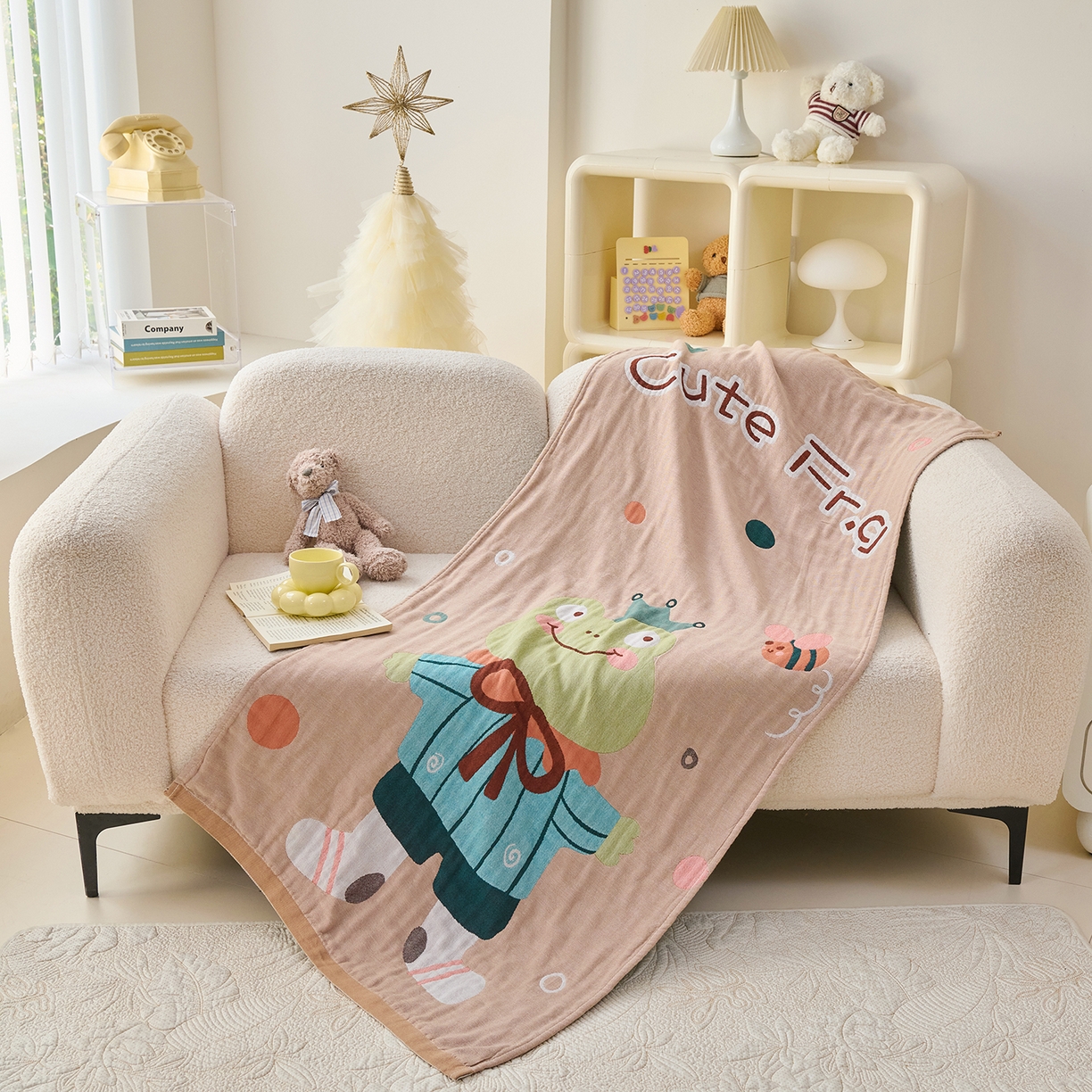 91家纺网 家纺一手货源 找家纺 棠薇家纺 2025新款全棉纱布浴巾纯棉浴巾时尚卡通色织提花四季加大浴巾擦身巾 青蛙王子 160*75cm