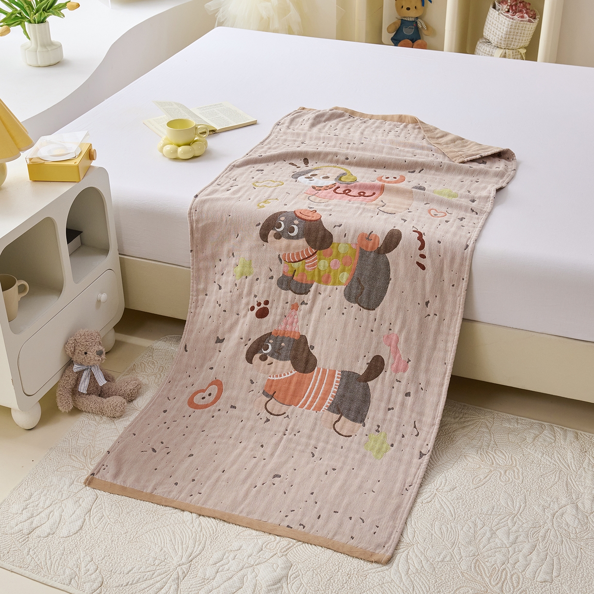 91家纺网 家纺一手货源 找家纺 棠薇家纺 2025新款全棉纱布浴巾纯棉浴巾时尚卡通色织提花四季加大浴巾擦身巾 淘气狗 160*75cm