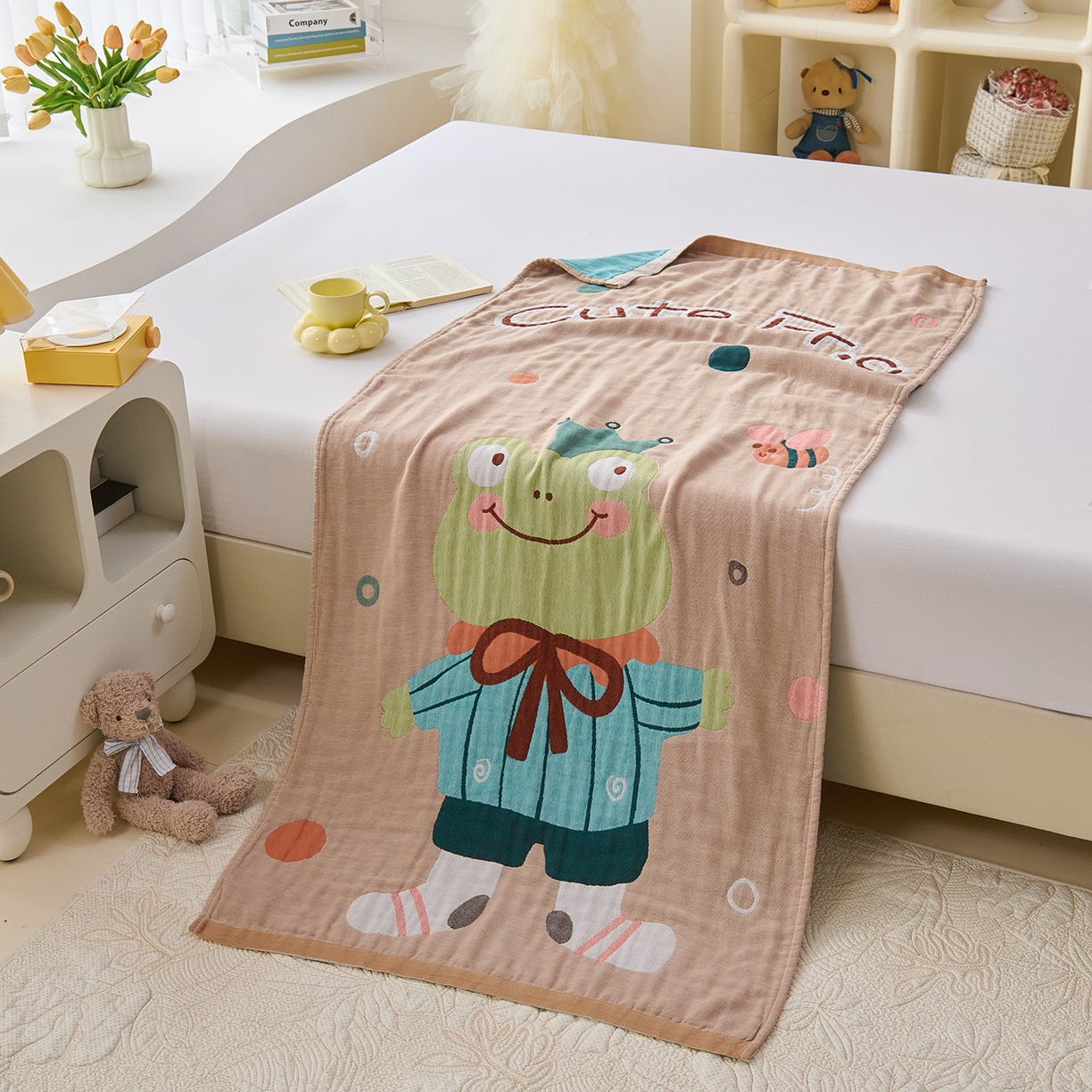 91家纺网 家纺一手货源 找家纺 棠薇家纺 2025新款全棉纱布浴巾纯棉浴巾时尚卡通色织提花四季加大浴巾擦身巾 青蛙王子 160*75cm