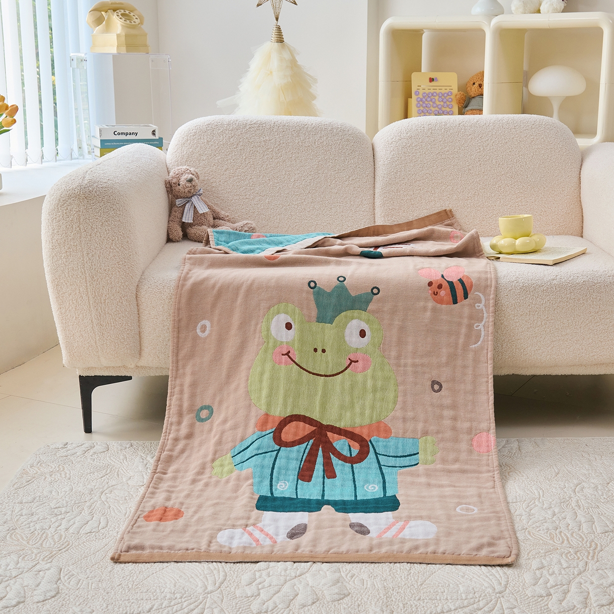 91家纺网 家纺一手货源 找家纺 棠薇家纺 2025新款全棉纱布浴巾纯棉浴巾时尚卡通色织提花四季加大浴巾擦身巾 青蛙王子 160*75cm