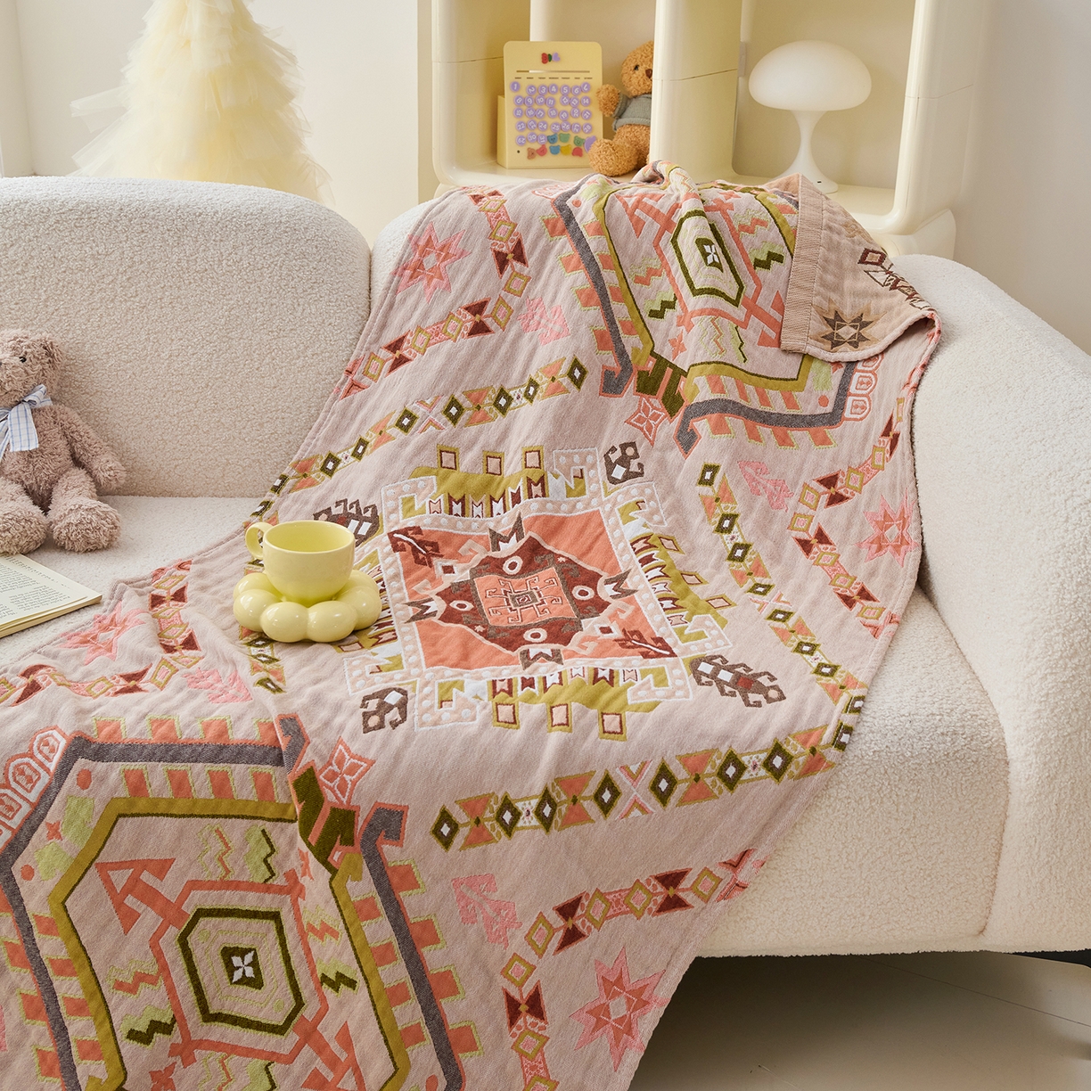 91家纺网 家纺一手货源 找家纺 棠薇家纺 2025新款全棉纱布浴巾纯棉浴巾时尚卡通色织提花四季加大浴巾擦身巾 和风 160*75cm