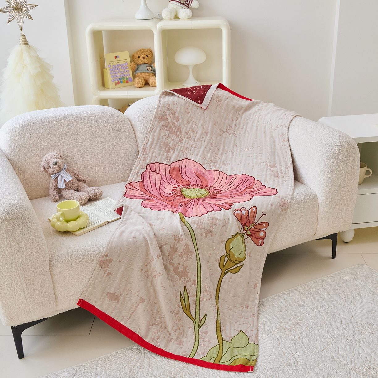 91家纺网 家纺一手货源 找家纺 棠薇家纺 2025新款全棉纱布浴巾纯棉浴巾时尚卡通色织提花四季加大浴巾擦身巾 浪漫花语 160*75cm