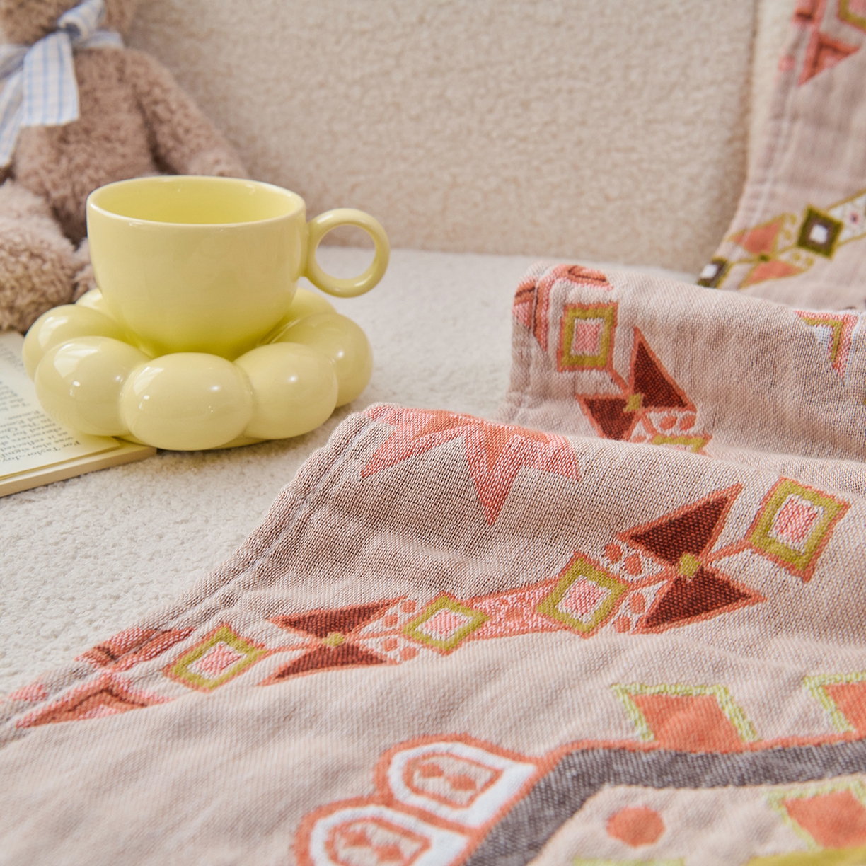 91家纺网 家纺一手货源 找家纺 棠薇家纺 2025新款全棉纱布浴巾纯棉浴巾时尚卡通色织提花四季加大浴巾擦身巾 和风 160*75cm