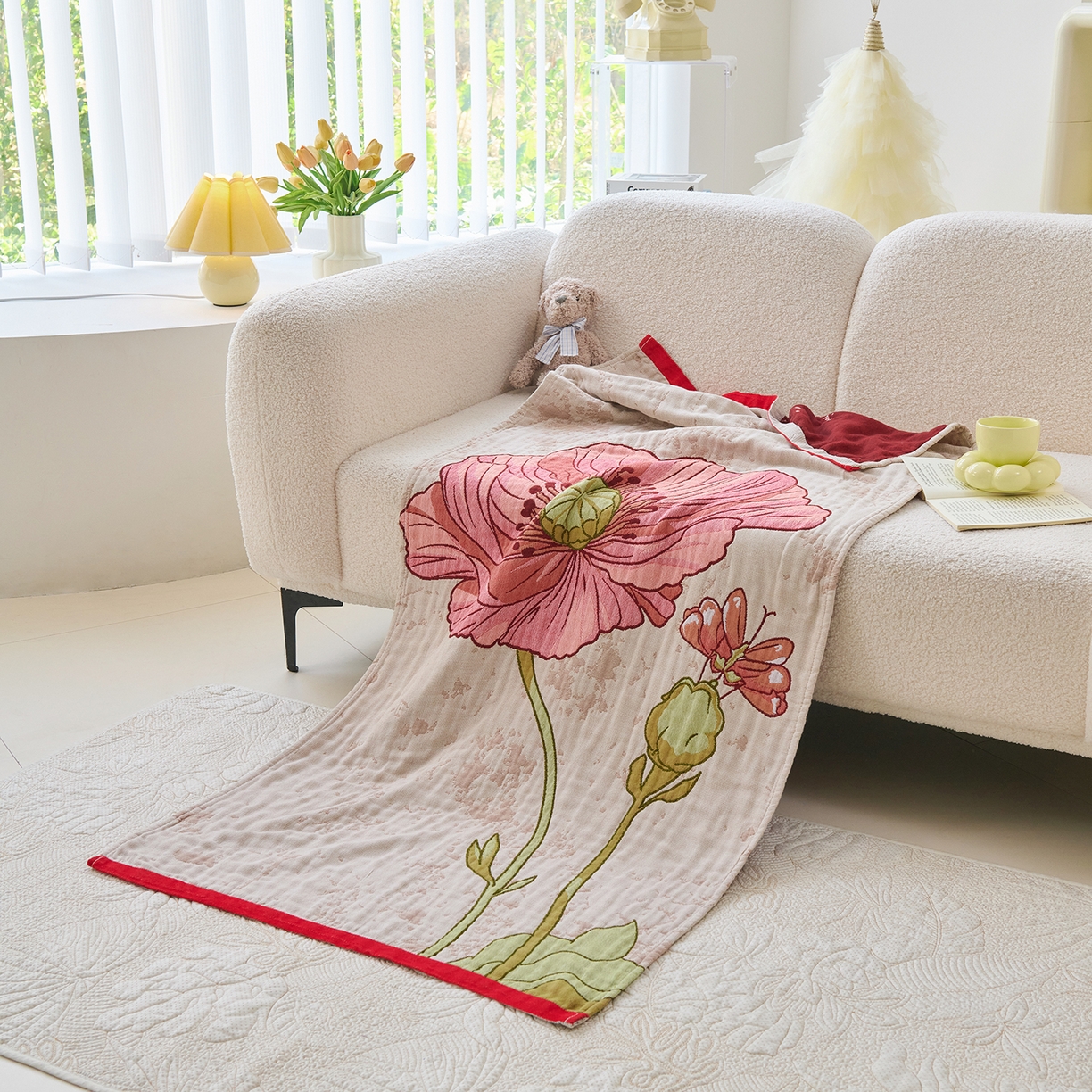 91家纺网 家纺一手货源 找家纺 棠薇家纺 2025新款全棉纱布浴巾纯棉浴巾时尚卡通色织提花四季加大浴巾擦身巾 浪漫花语 160*75cm