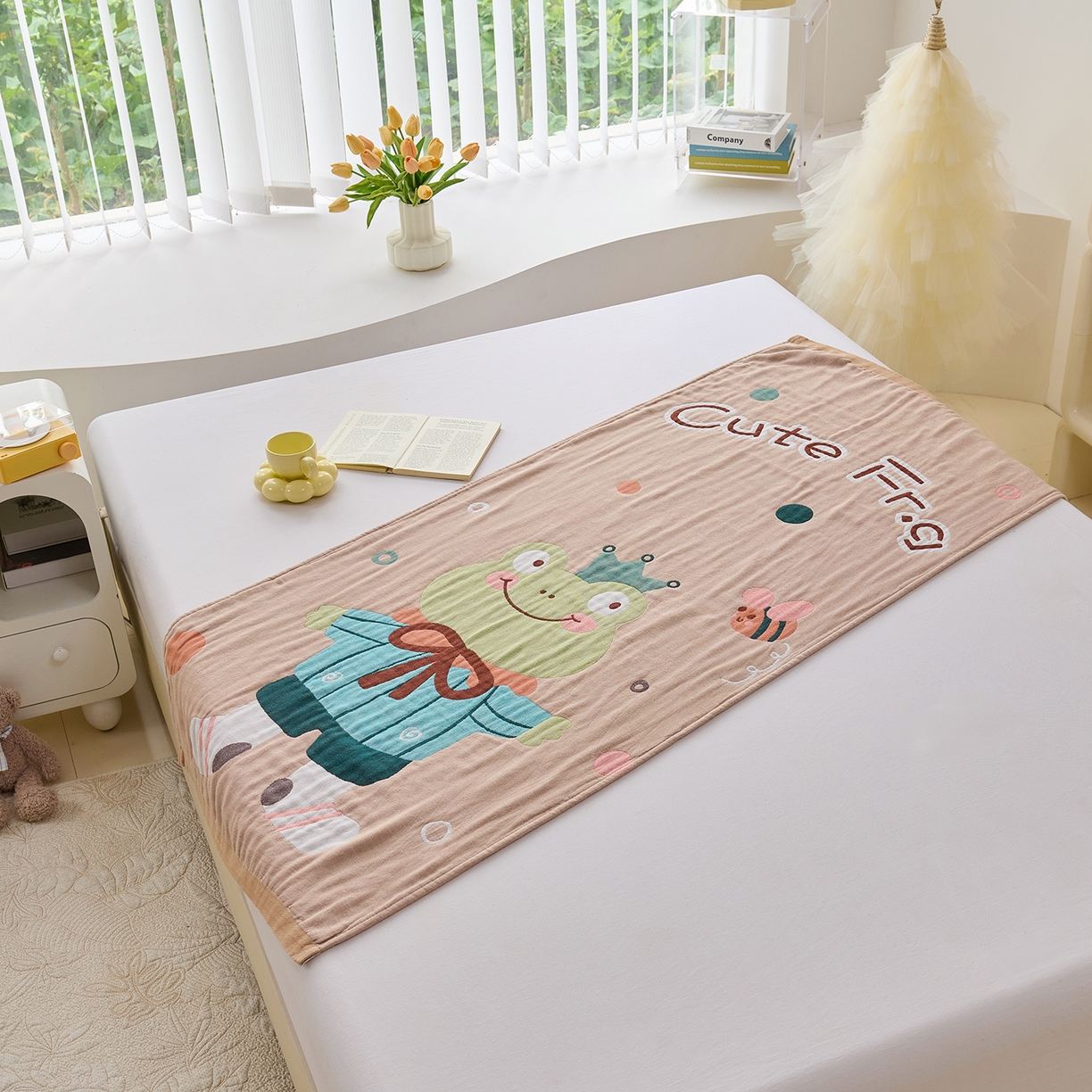 91家纺网 家纺一手货源 找家纺 棠薇家纺 2025新款全棉纱布浴巾纯棉浴巾时尚卡通色织提花四季加大浴巾擦身巾 青蛙王子 160*75cm