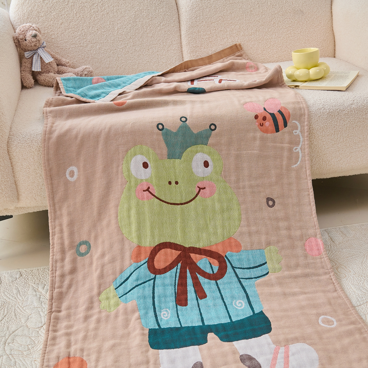 91家纺网 家纺一手货源 找家纺 棠薇家纺 2025新款全棉纱布浴巾纯棉浴巾时尚卡通色织提花四季加大浴巾擦身巾 青蛙王子 160*75cm