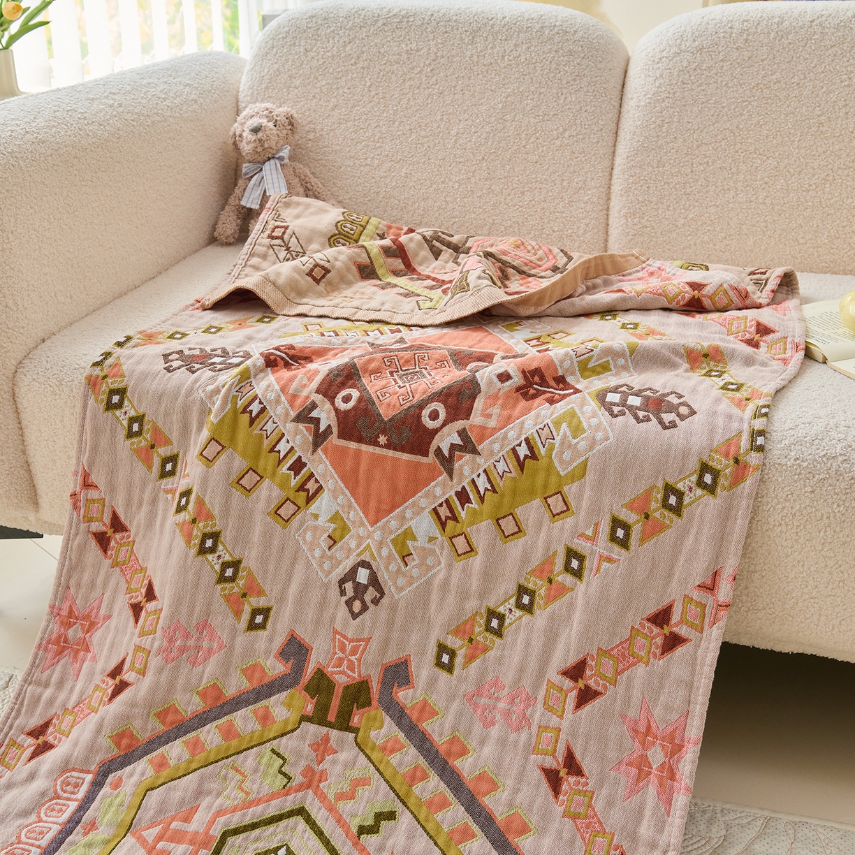 91家纺网 家纺一手货源 找家纺 棠薇家纺 2025新款全棉纱布浴巾纯棉浴巾时尚卡通色织提花四季加大浴巾擦身巾 和风 160*75cm