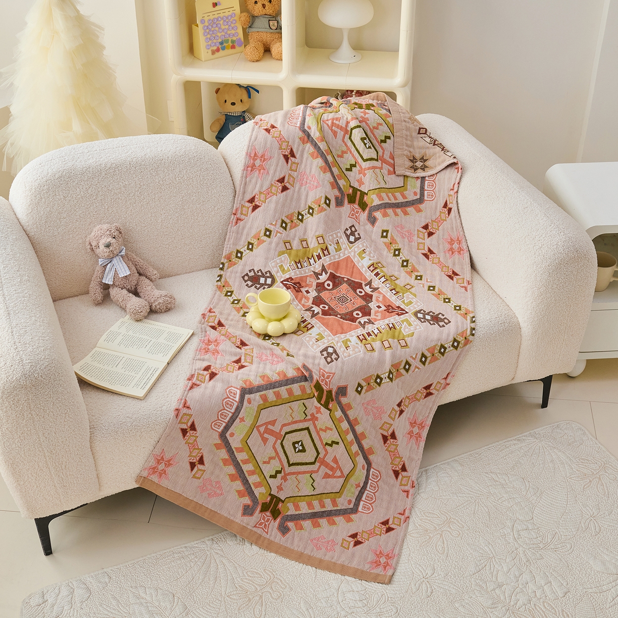 91家纺网 家纺一手货源 找家纺 棠薇家纺 2025新款全棉纱布浴巾纯棉浴巾时尚卡通色织提花四季加大浴巾擦身巾 和风 160*75cm