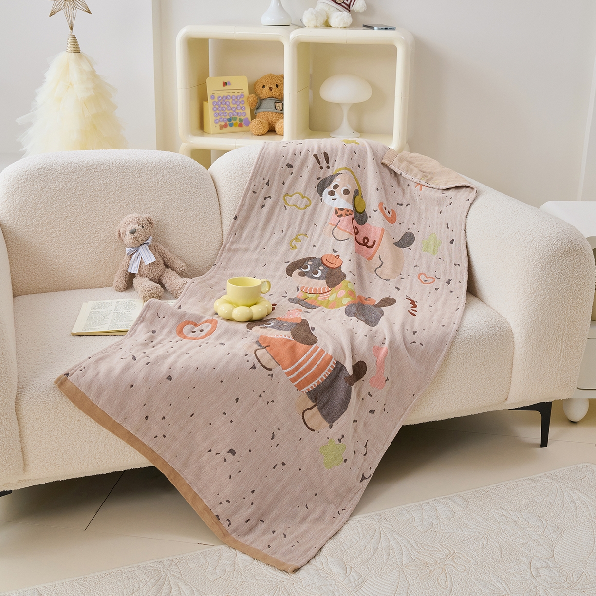 91家纺网 家纺一手货源 找家纺 棠薇家纺 2025新款全棉纱布浴巾纯棉浴巾时尚卡通色织提花四季加大浴巾擦身巾 淘气狗 160*75cm