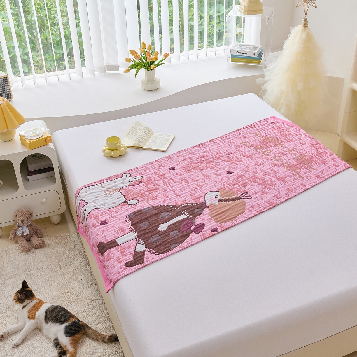 91家纺网 家纺一手货源 找家纺 棠薇家纺 2025新款全棉纱布浴巾纯棉浴巾时尚卡通色织提花四季加大浴巾擦身巾 羊驼女孩 160*75cm